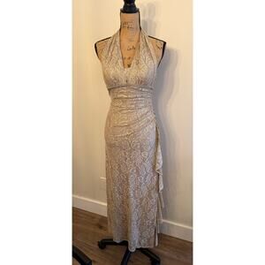 Betsy & Adam by Linda Bernell Champagne Gold Halter Top Dress Ruching Size 4P